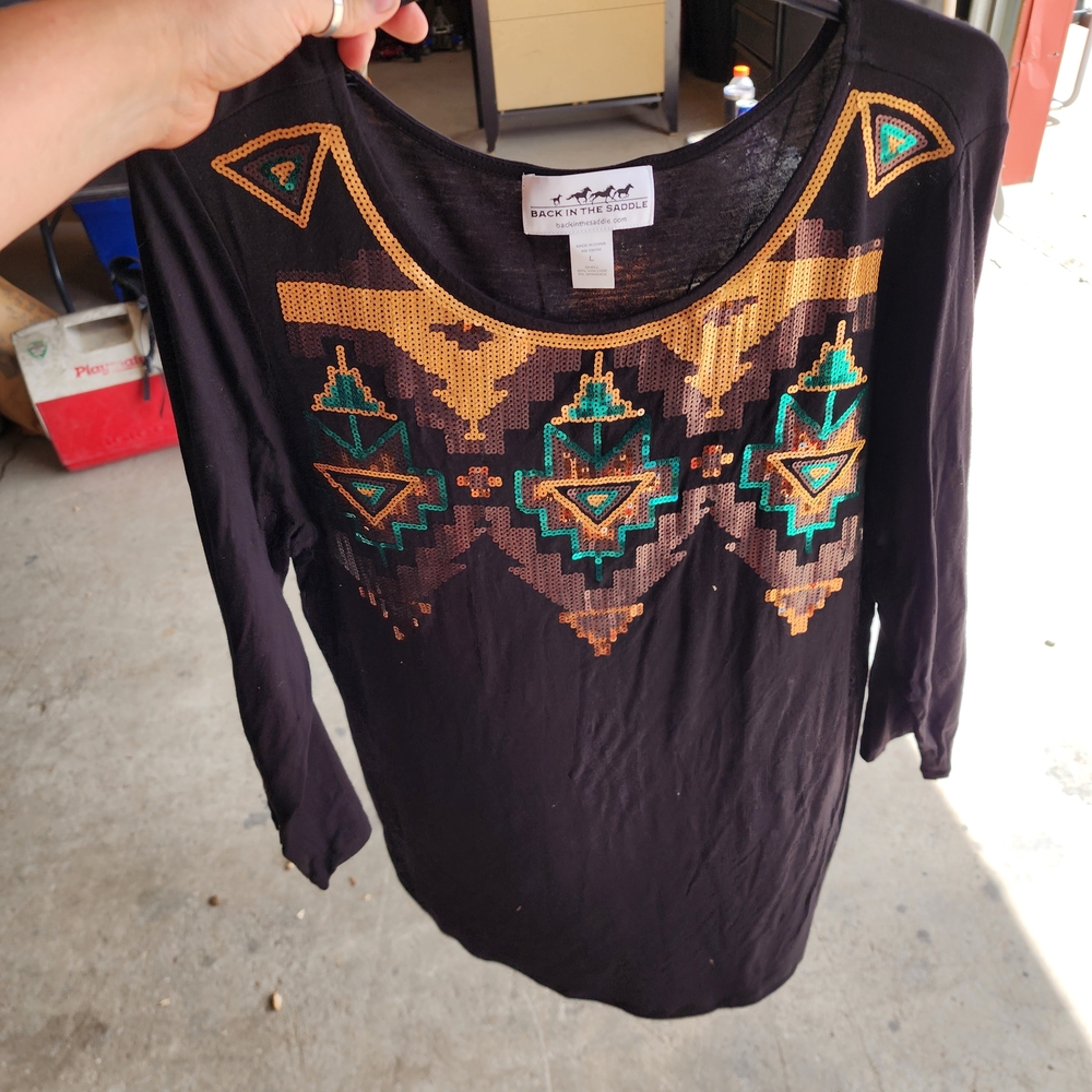 Back in the Saddle Black and Gold Long Sleeve Women's Top